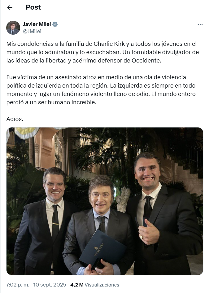Twitter de Javier Milei sobre Charlie Kirk