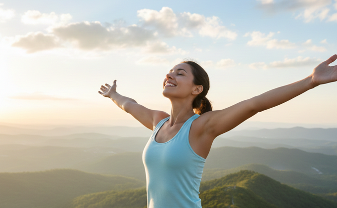 Mujer feliz, respirando, positiva