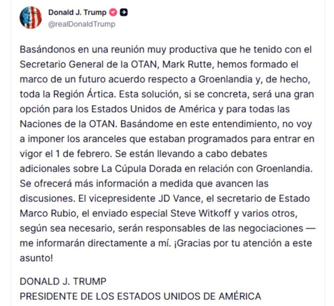 Última publicación de Trump sobre el conflicto por Groenlandia